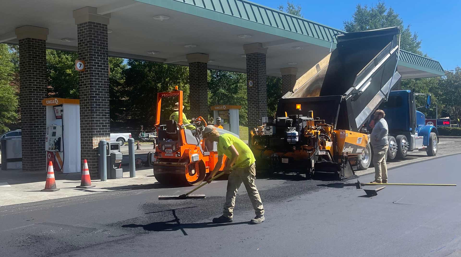 repairing the pavement at an gas station